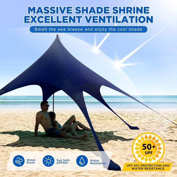 Beach Tent Canopy Sun Shade UPF50+, Easy Pop Up Anti-Wind Sun Shelter - Picture 3 of 8